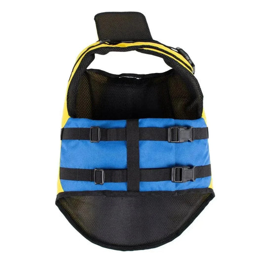 Body Glove Ripstop Pet Life Jacket in yellow and blue with adjustable straps and top handle for pet water safety