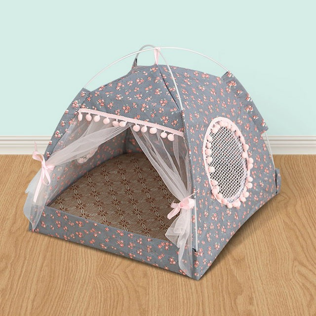 Comfy calming pet tent bed for small dogs and cats with plush interior and breathable mesh windows