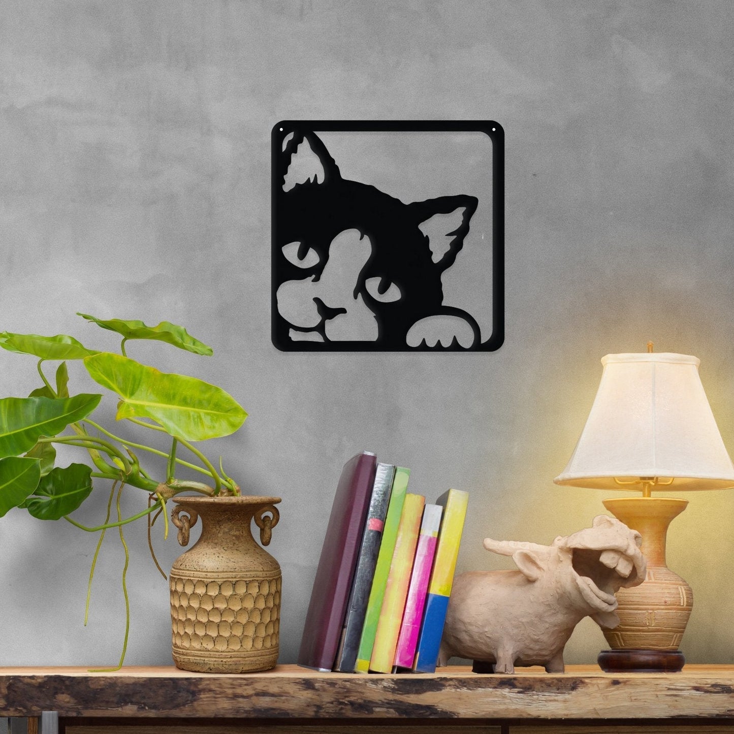 Peeking Kitty metal wall art of playful kitten face made from durable powder-coated steel with mounting holes, 10x10 inches
