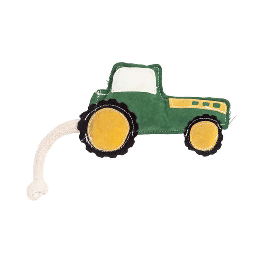 Country Living green tractor dog chew toy made of durable faux leather