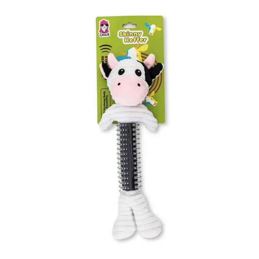 Country Living thermoplastic rubber black and white cow plush dog toy with squeaker and crinkle paper