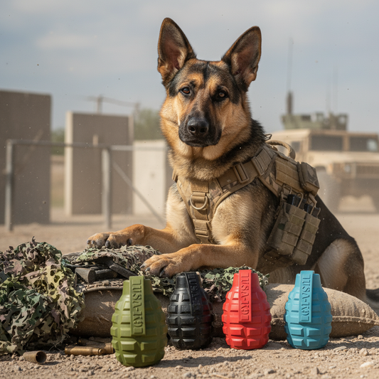 Grenade Shaped eDispenser durable dog chew toys in red, blue, black, and green with military K9 German Shepherd in background