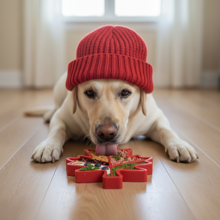 Dog licking food from red Canadian maple leaf-shaped nylon chew toy on wooden floor, wearing red knit hat