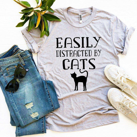 Easily Distracted By Cats t-shirt in premium cotton with soft textile flex print by Bella Canvas