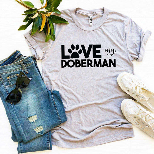 Black Love My Doberman T-Shirt with soft textile flex print on Bella Canvas cotton blend