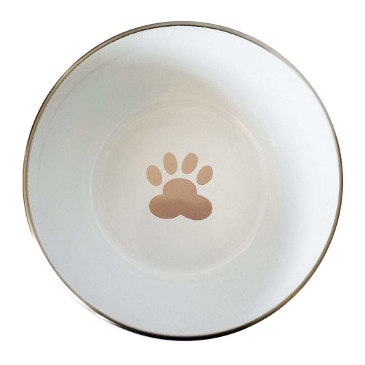 Rose gold stainless steel deep dog bowl with paw print design