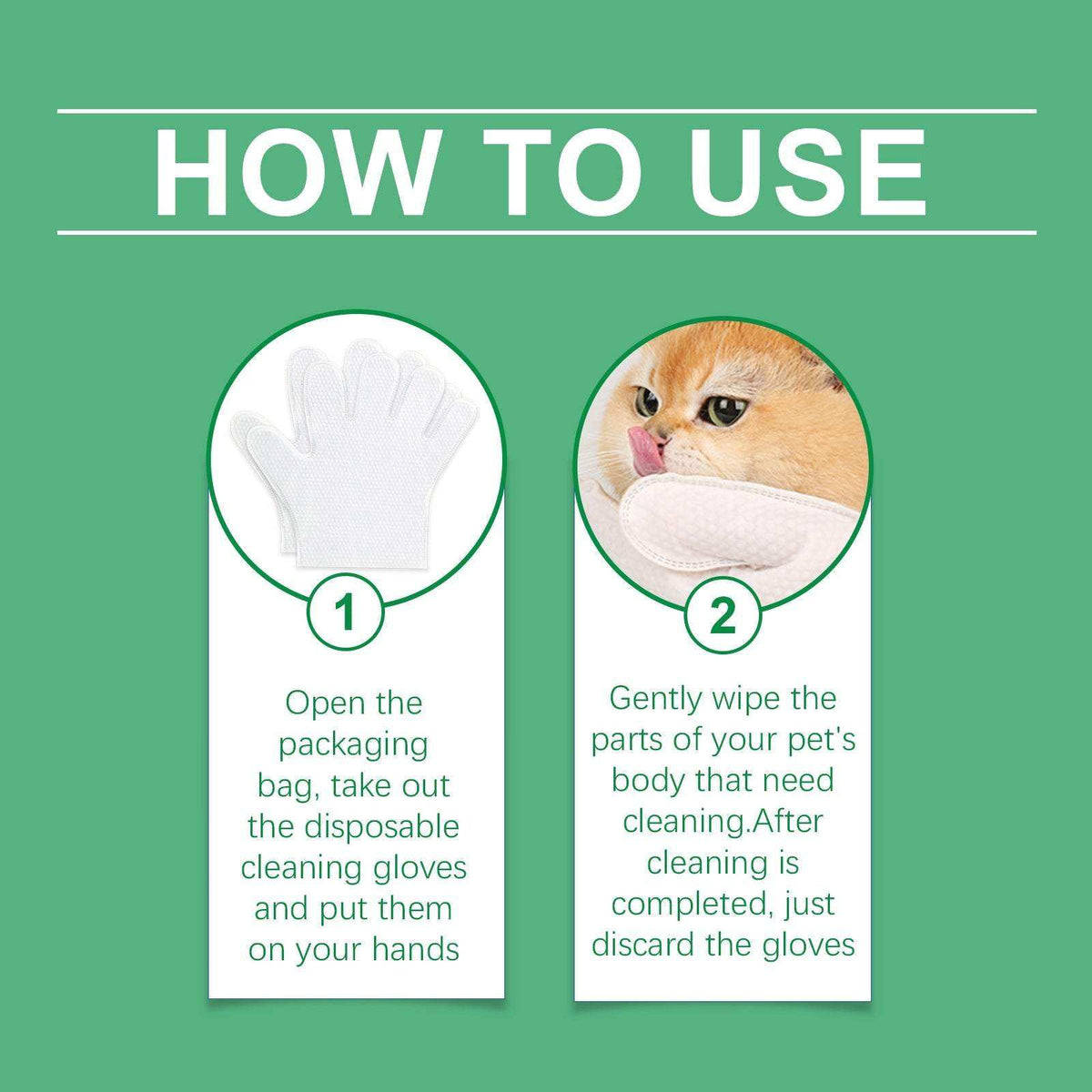 Disposable Pet Cleaning Gloves shown as a white non-woven mitt gently wiping a cat’s face, with simple use instructions