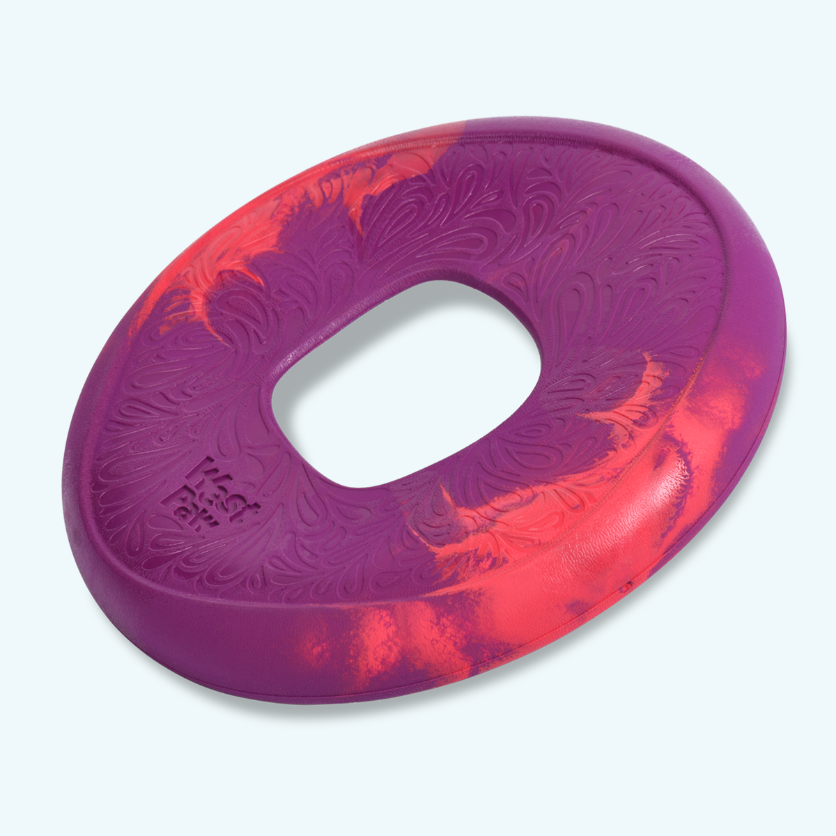dogs favorite high-flying disc in purple and orange with an oval center hole and textured surface