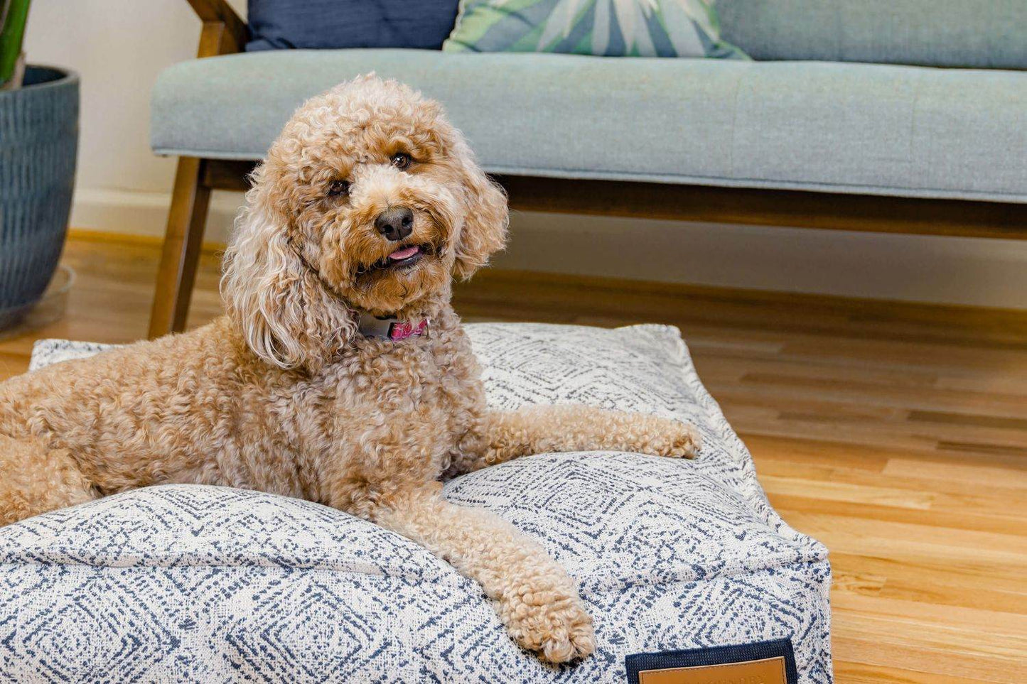 Lounger Pet Bed in sapphire indigo fabric with distressed diamond pattern for dogs