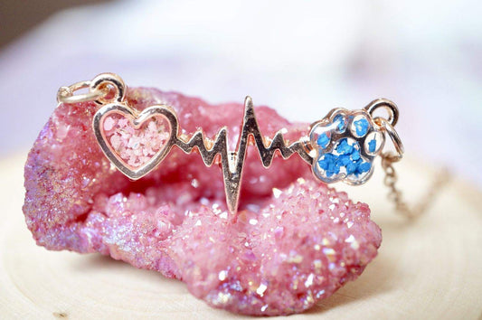Gold dog necklace with real pressed flowers in resin, blue and pink petals, handmade jewelry