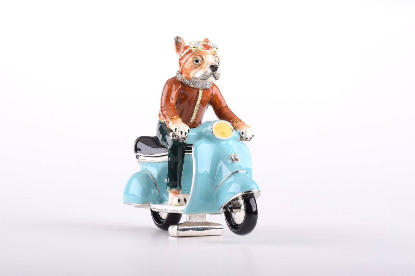 Hand-painted enamel trinket box of Dog on Vespa with Austrian crystals and 24K gold plating
