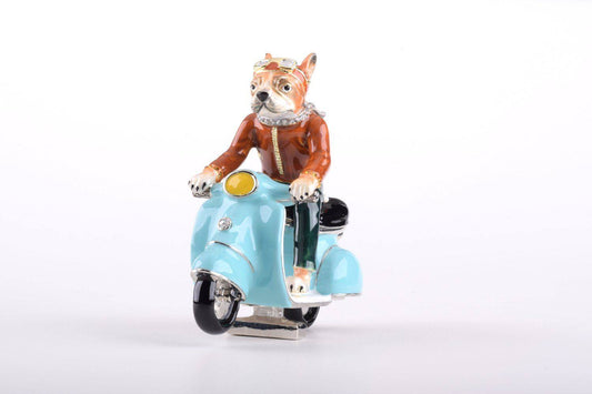 Handmade enamel painted Dog on Vespa trinket box with Austrian crystals and 24K gold plating