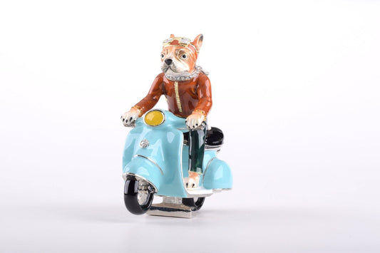Handmade enamel painted Dog on Vespa trinket box with Austrian crystals and 24K gold plating