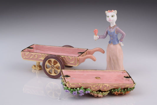 Enamel painted trinket box shaped like a florist cat, adorned with handpicked Austrian crystals and plated with 24K gold, handmade by artist Keren Kopal