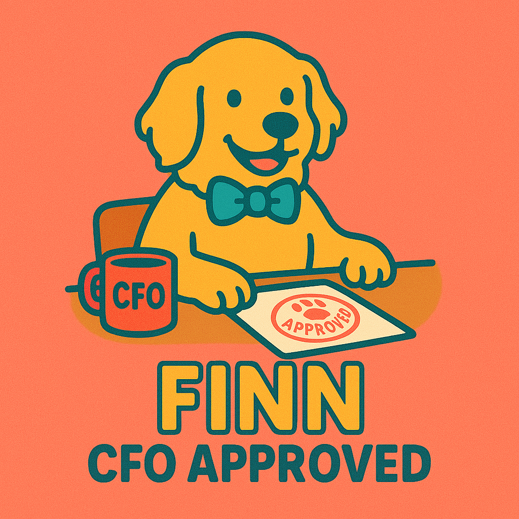 Cartoon dog with bow tie sitting at table with "CFO Approved" badge and coffee mug, representing Parsley Mint Breath Treats for fresh dog breath.