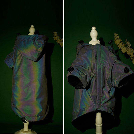 Reflective waterproof dog hoodie in dark color with iridescent rainbow sheen and front zipper, designed for Flashing Dog Clothes safety