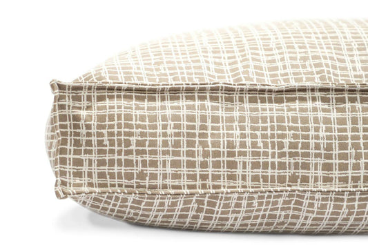 Lounger Pet Bed in beige mini plaid pattern with tailored seams, soft durable fabric, and eco-friendly fill for dogs.