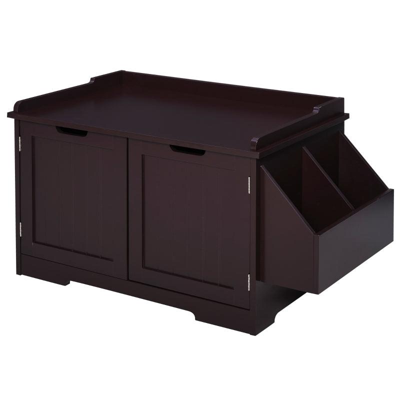 Dark brown wooden cat litter box nightstand with storage rack and magnetic doors