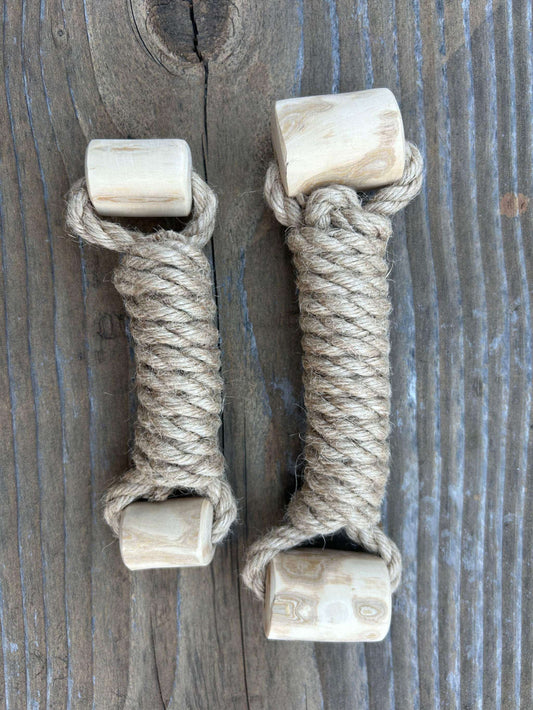 Eco-friendly hemp rope and coffee wood durable dog chew toy on wooden surface