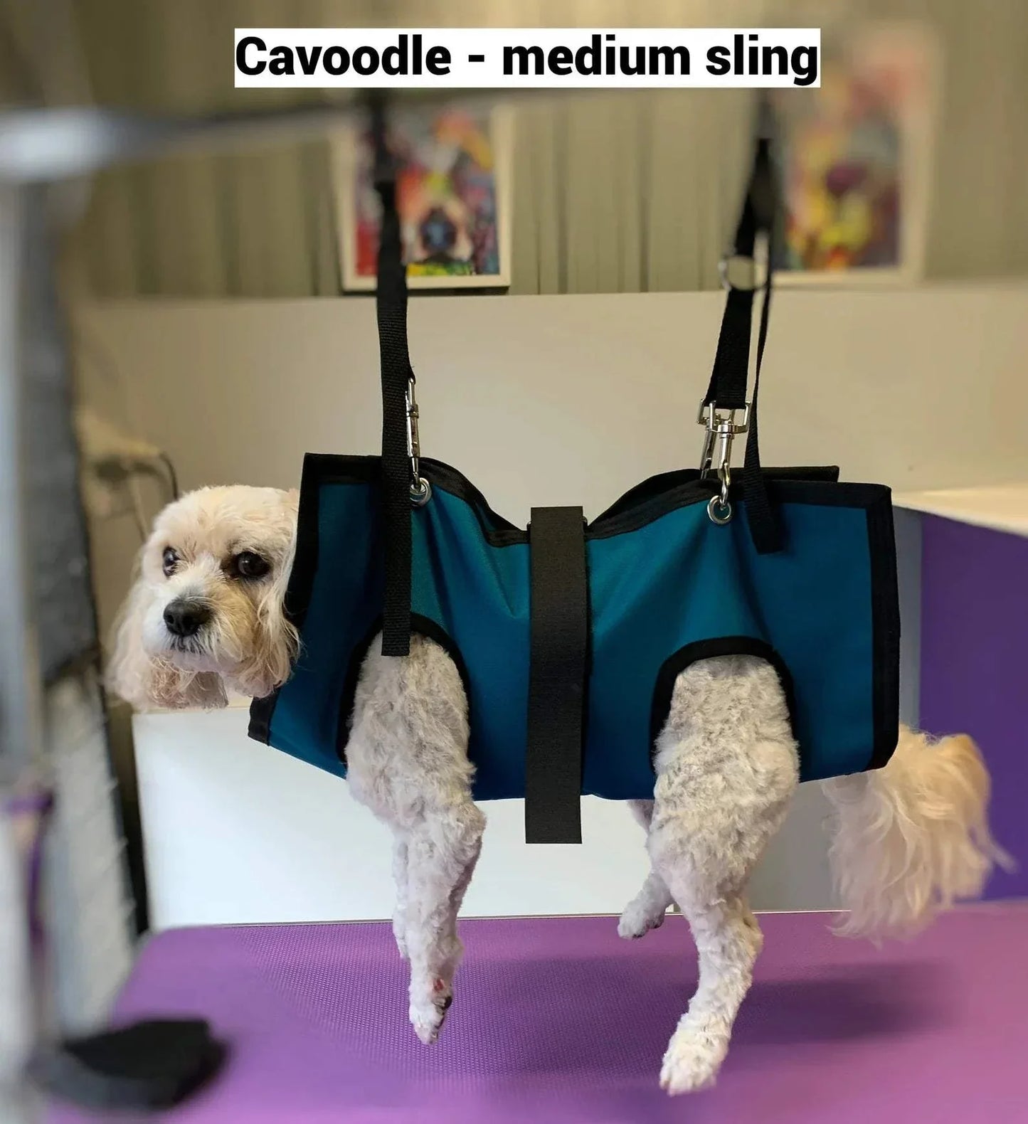 Handmade pet grooming sling for small cats and dogs, hands-free grooming aid