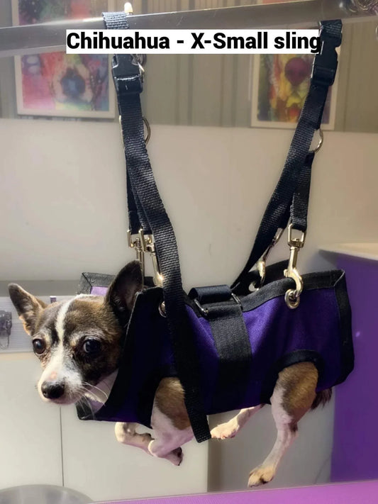 Handmade pet grooming sling for cats and dogs, hands-free grooming aid