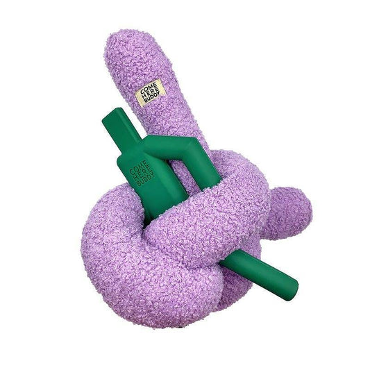 Purple plush velvet dog toy "Knott" from COME HERE BUDDY’s, designed for safe chewing and creative play.