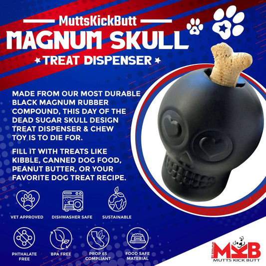 Black Magnum Sugar Skull durable chew toy and treat dispenser for dogs