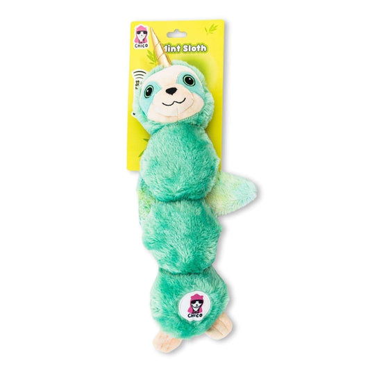 Mystical mint winged sloth plush dog toy with squeakers and crinkle paper