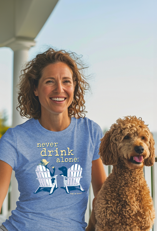Blue women's v-neck t-shirt with never drink alone slogan
