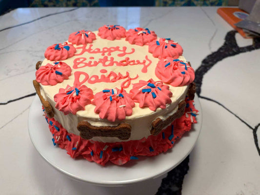 Organic dog birthday cake with peanut butter and pumpkin frosting
