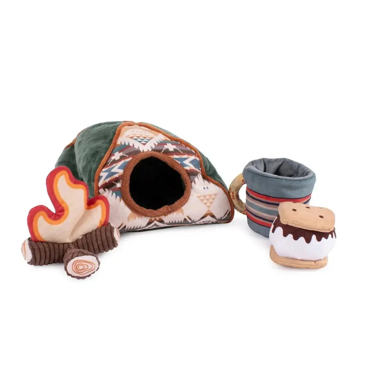 Pendleton Camp Discovery Tent dog toy with plush camp mug, s’more, and campfire squeaky toys inside a crinkly tent