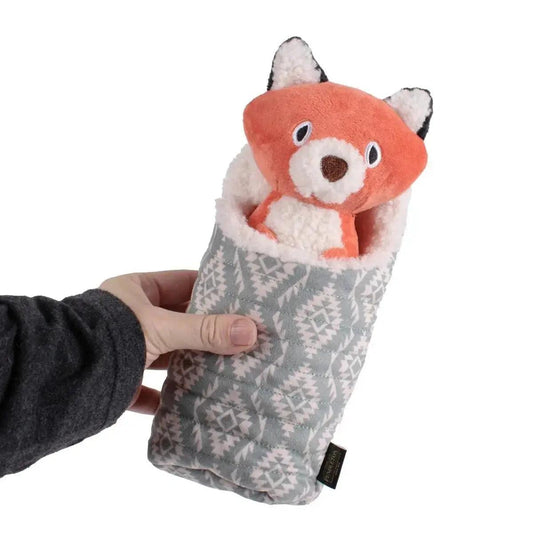 Pendleton Camp Pal Dog Toy plush sleeping bag with fox and raccoon for dogs