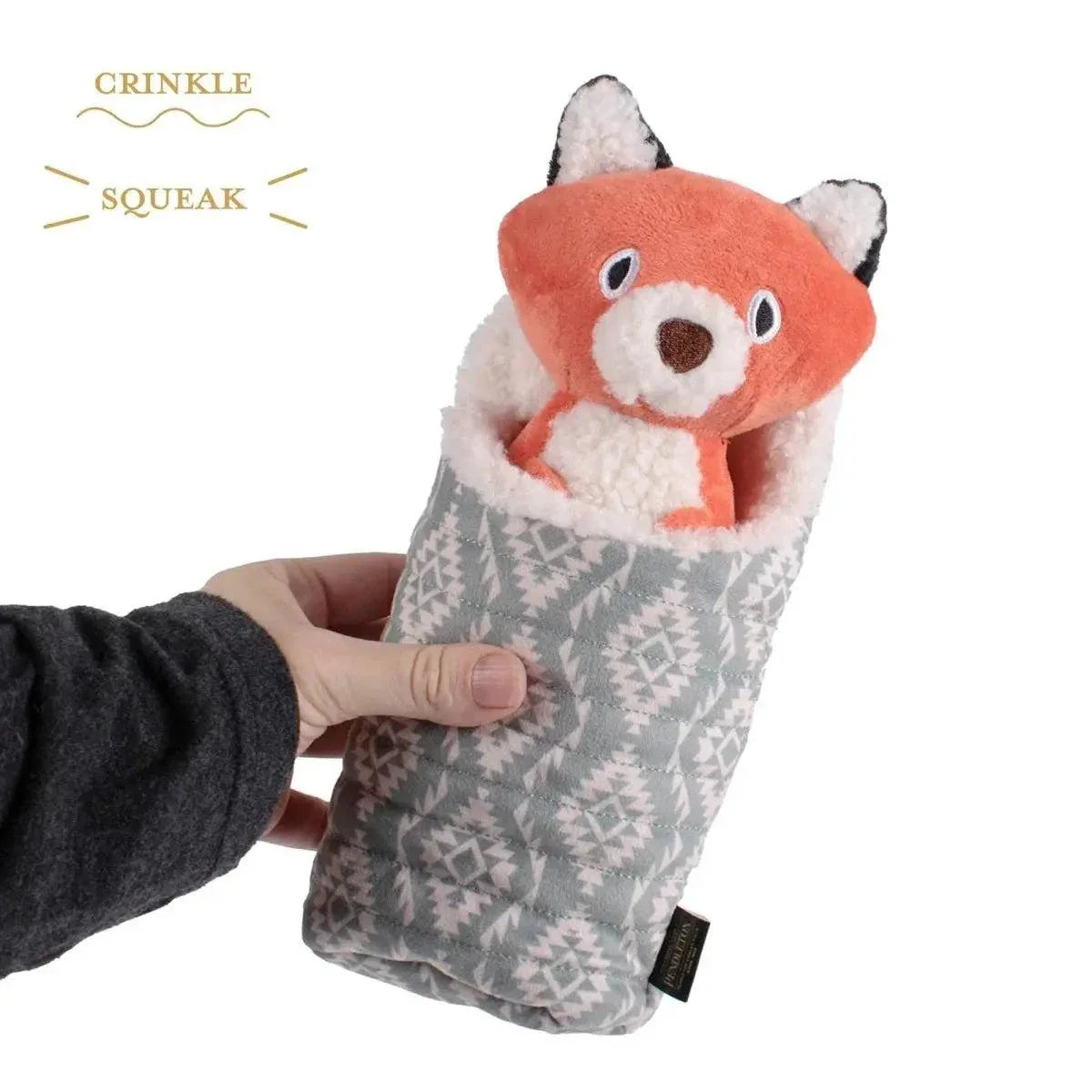 Pendleton Camp Pal Dog Toy plush sleeping bag with fox and raccoon squeaky pals for dogs