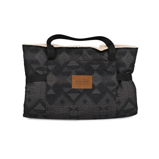 Pendleton Travel Dog Bed tote with water-resistant Pendleton pattern and cushioned sherpa interior for pet comfort on the go