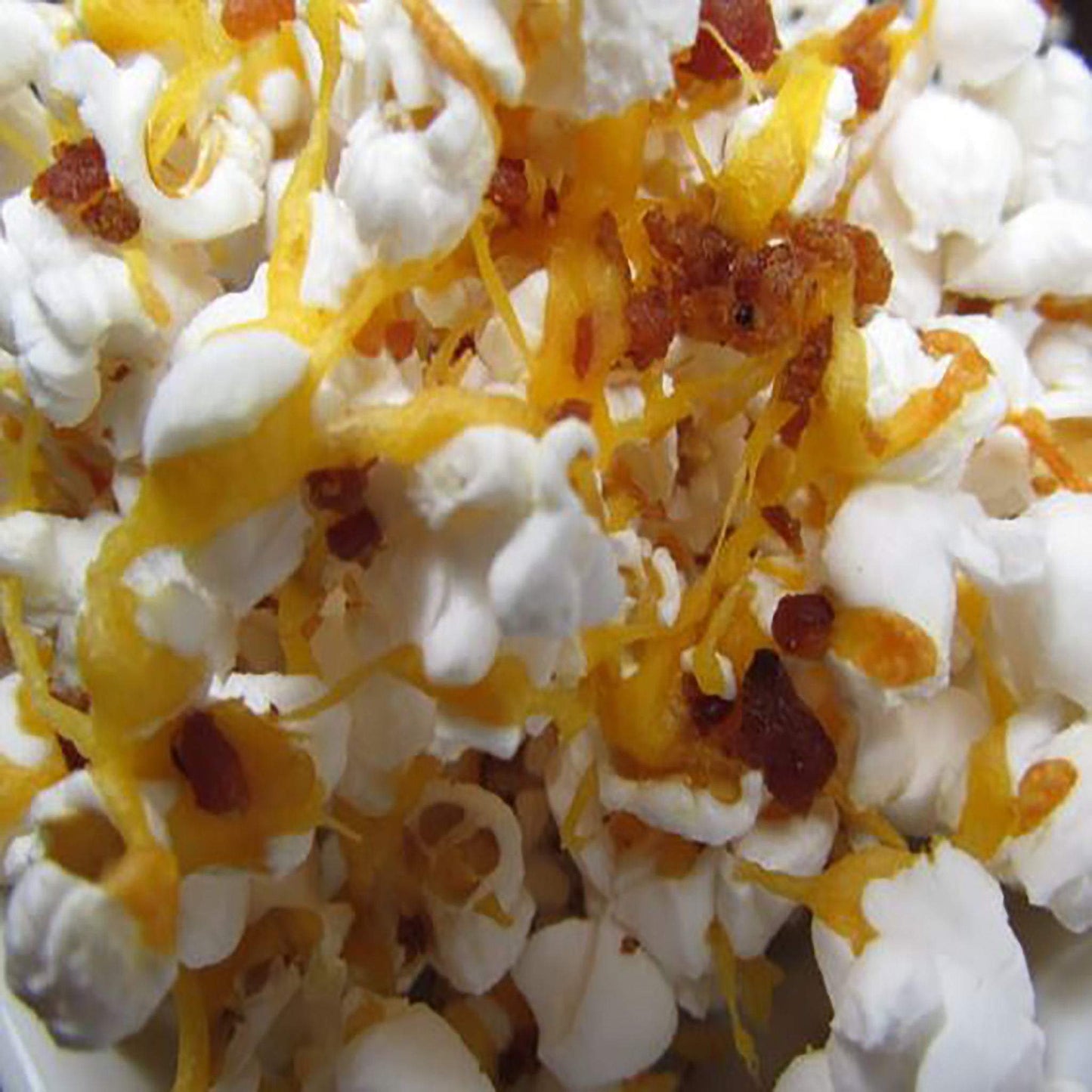 Close-up of bacon popcorn dog treats with cheese and bacon bits sprinkled on white popcorn