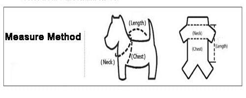 Pet suit with bow tie measurement guide for neck, chest, and length on a dog silhouette diagram
