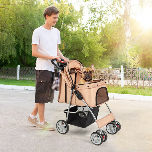 Beige foldable pet stroller with 4 wheels, mesh windows, storage basket, and adjustable canopy for small to medium pets up to 33 lbs