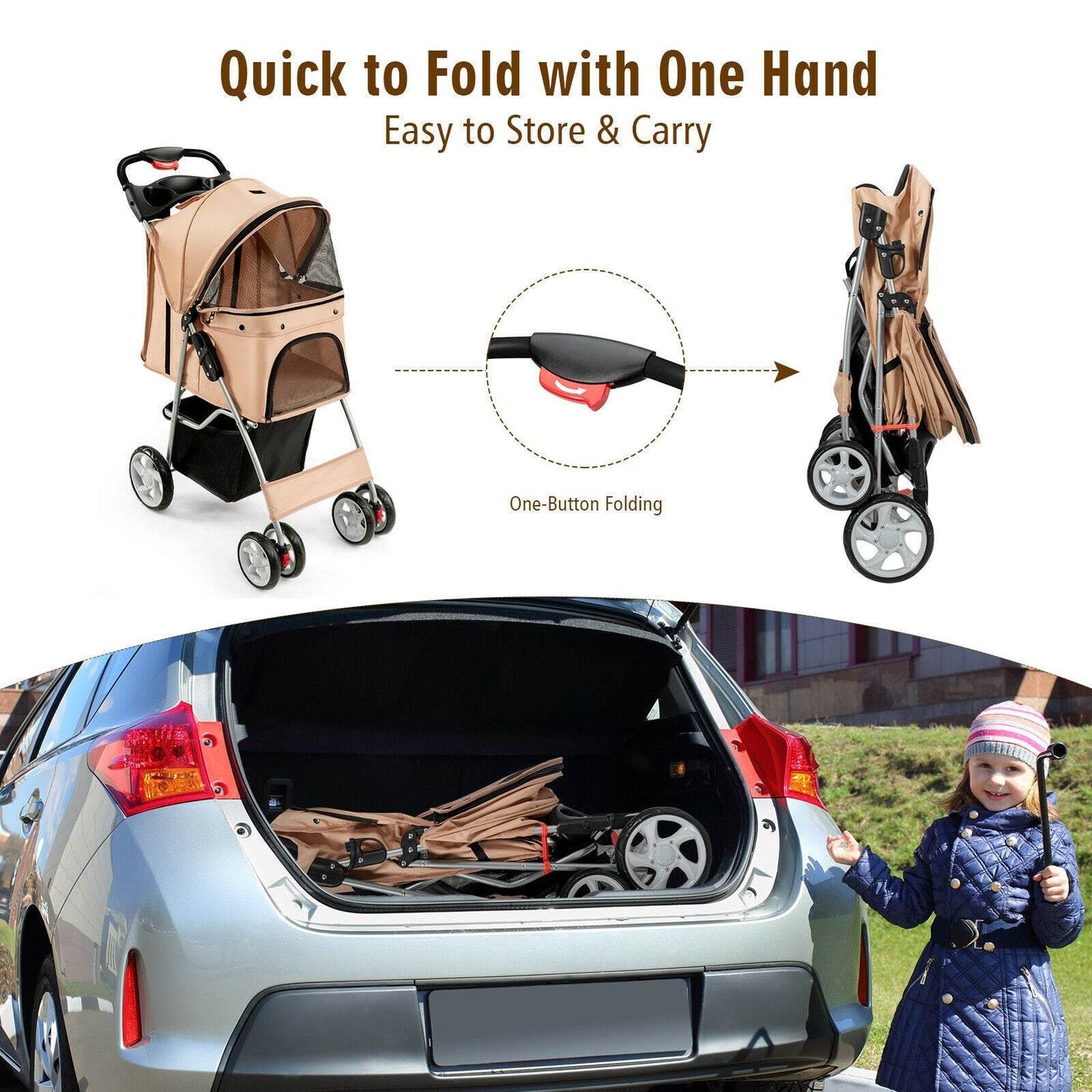 Beige foldable pet stroller with 4 mesh windows, storage basket, and universal wheels for cats and dogs