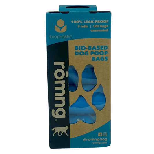 Eco-friendly bio-based dog poop bags box with blue bags, leak-proof and sustainable design