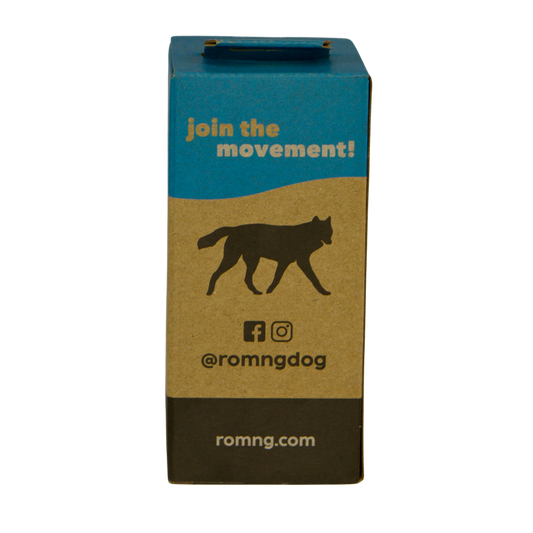 eco-friendly bio-based dog poop bags packaging with romngdog logo and social media icons