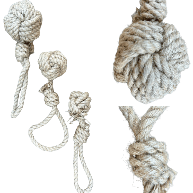 Eco-friendly natural hemp rope dog tug-toys in small, medium, and large sizes for durable interactive play and dental health.