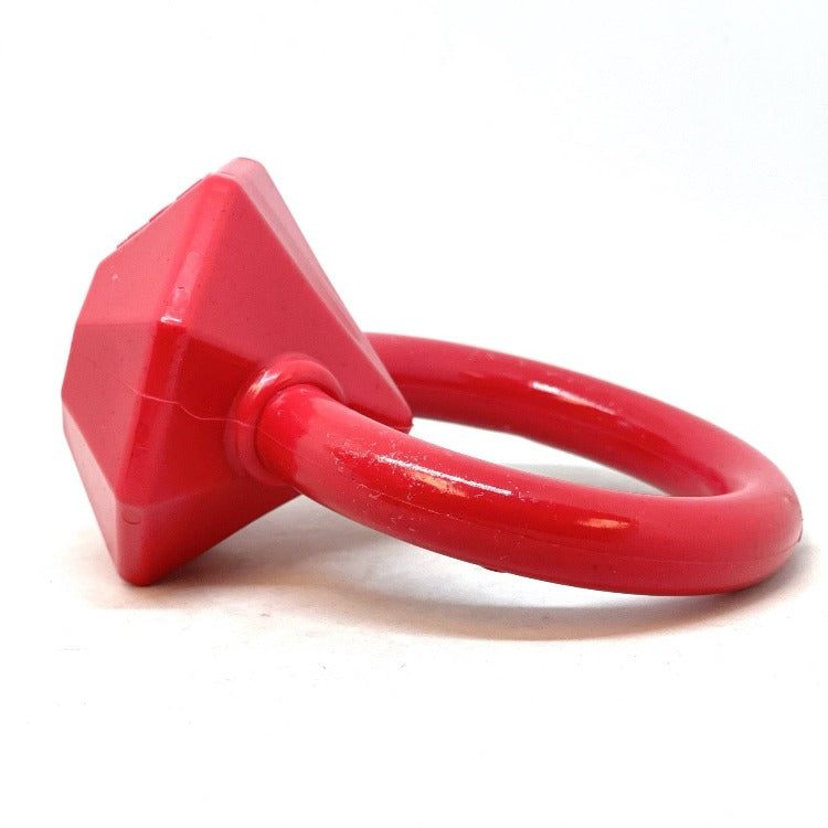 Red diamond-shaped nylon teething ring for puppies, durable and USA made, designed to soothe teething pain and promote dental health.