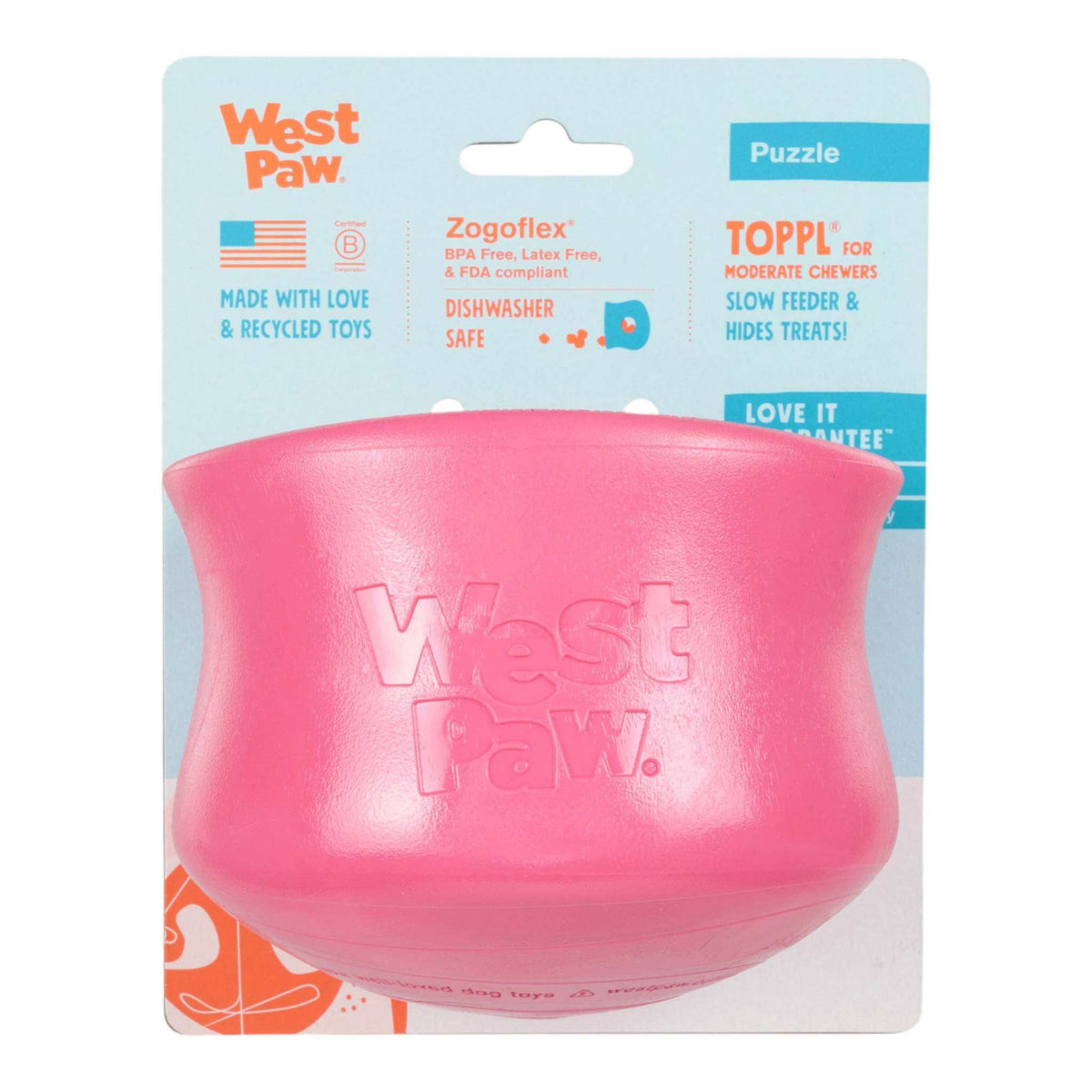 Toppl Geranium dog puzzle toy in bright pink recycled plastic with smooth, rounded edges and West Paw branding