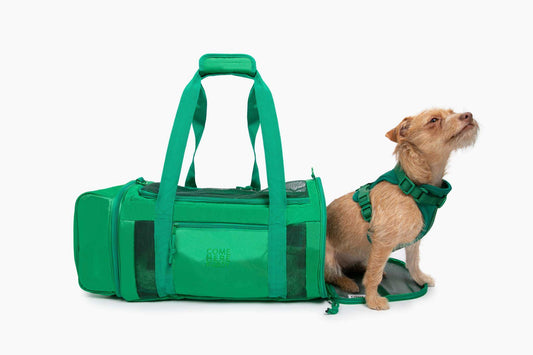 Travel Buddy pet carrier with sherpa bedding and expandable pockets