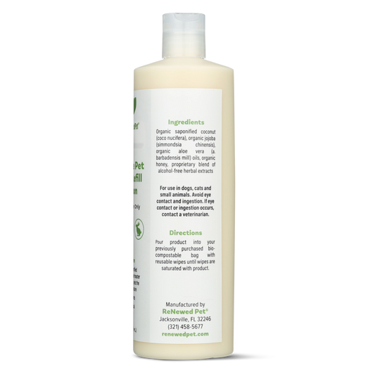 Reusable Pet Wipes refill solution bottle with natural ingredients for cats and dogs by ReNewedPet