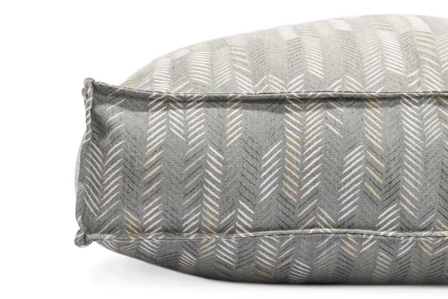 Lounger Pet Bed in gray Sunbrella fabric with chevron pattern and plush recycled fill
