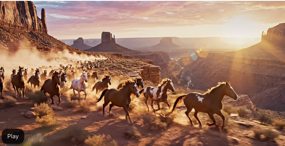 Herd of horses running through a dusty canyon at sunset, capturing the essence of freedom and wilderness.