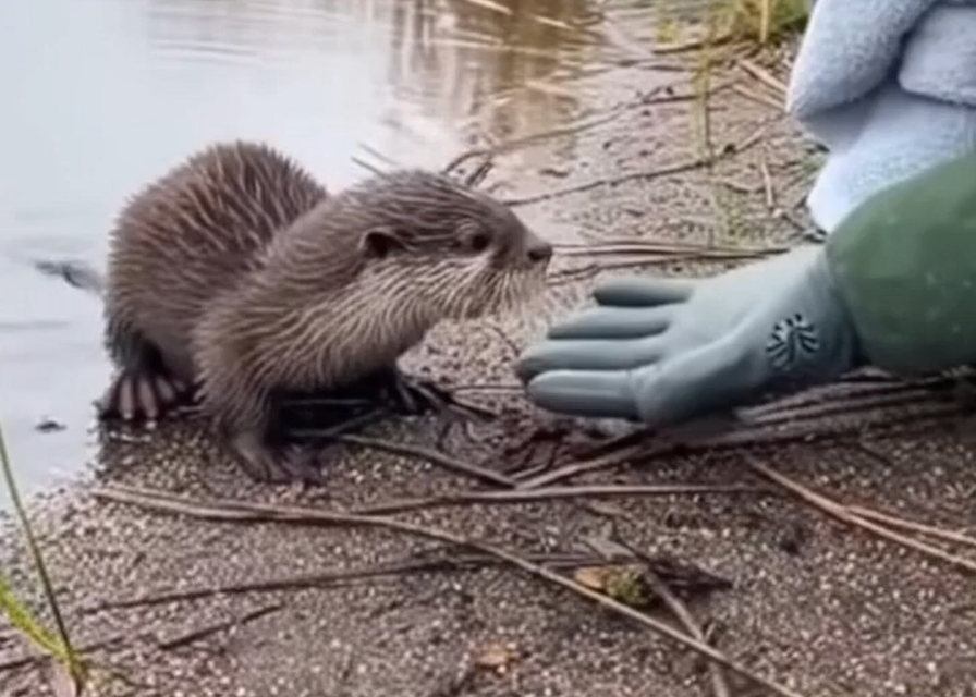 Tiny otter pup rescued from flooded riverbank by compassionate volunteers