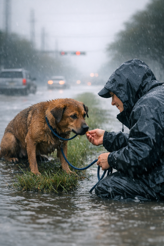 Houston SPCA rescue team saving a stranded brown dog from floodwaters in Houston streets