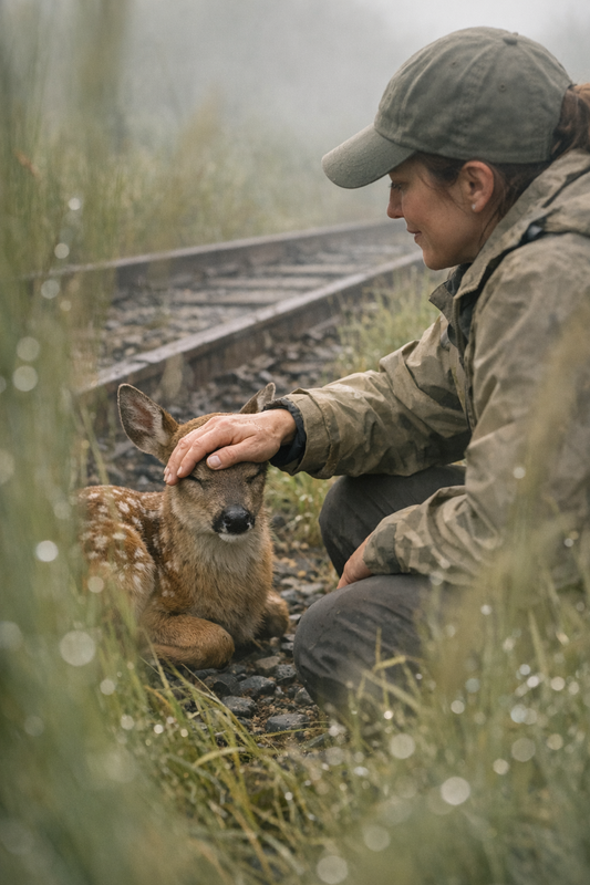 Wildlife Rescue League volunteers rescuing a stranded fawn near railway tracks in Fairfax County